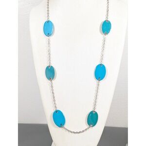 Studio S Teal Enamel Oval Necklace 36" Silver Tone Statement Mod